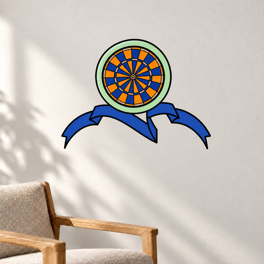 Darts wall decal vinyl sticker of dartboard with blue ribbon-like design