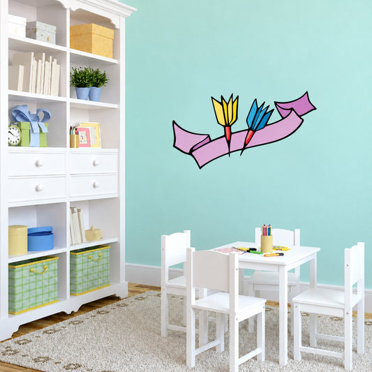 Darts wall decal sticker with colorful dart graphics and pink banner