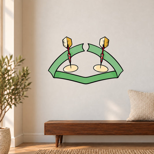 Cartoon dartboard wall decal with two red darts and yellow flights