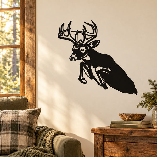 Black deer buck partial leap wall decal silhouette with antlers