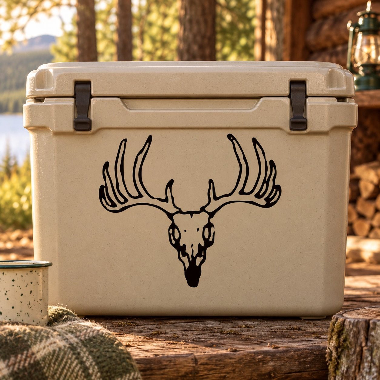 Black hollow stag skull decal with antlers design