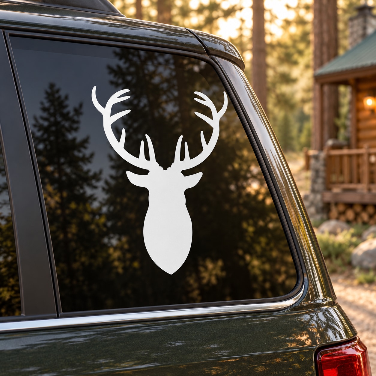 Elk head silhouette decal, white deer-head design on car window glass