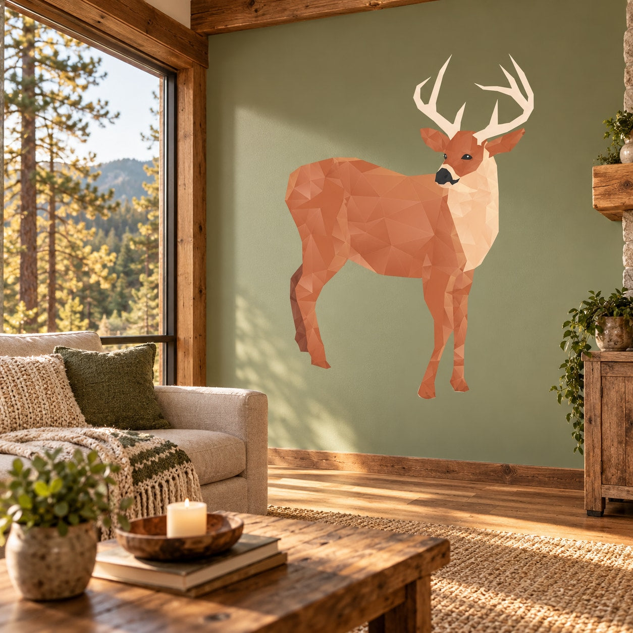 Origami deer wall sticker, tan polygon design with white antlers and black nose