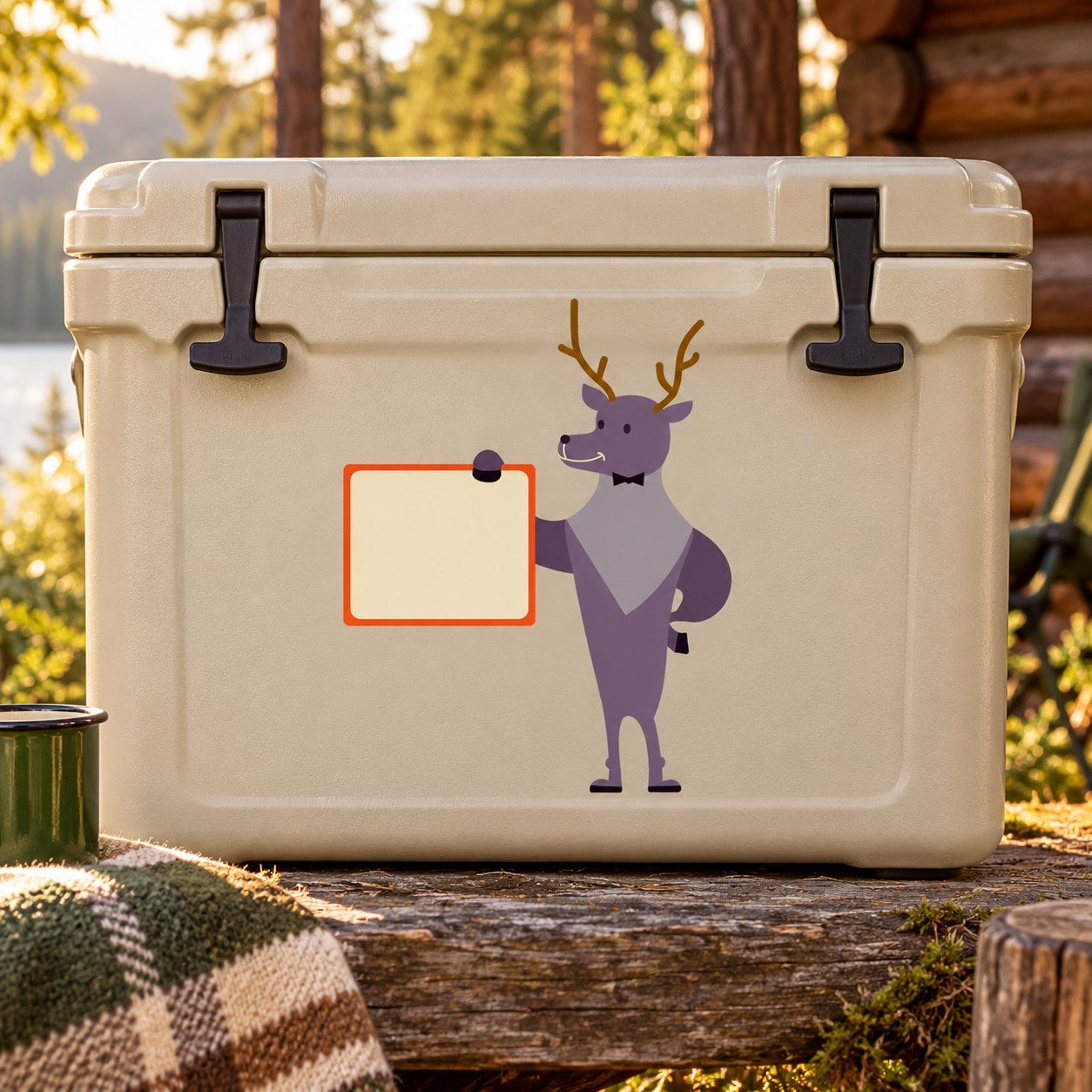 Deer bowtie holding sign sticker, purple deer figure with orange sign tag