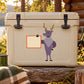 Deer bowtie holding sign sticker, purple deer figure with orange sign tag