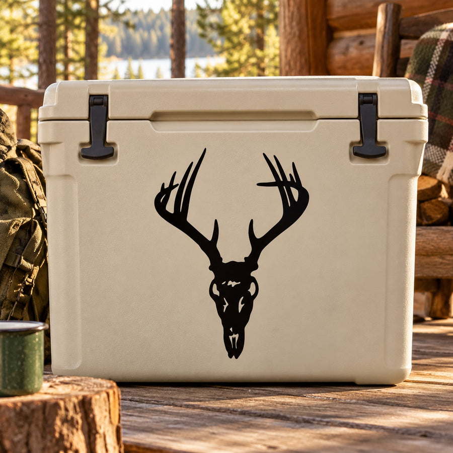 Black deer skull with large antlers decal on light-colored surface