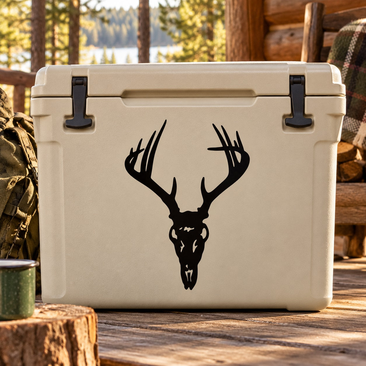 Black deer skull with large antlers decal on light-colored surface