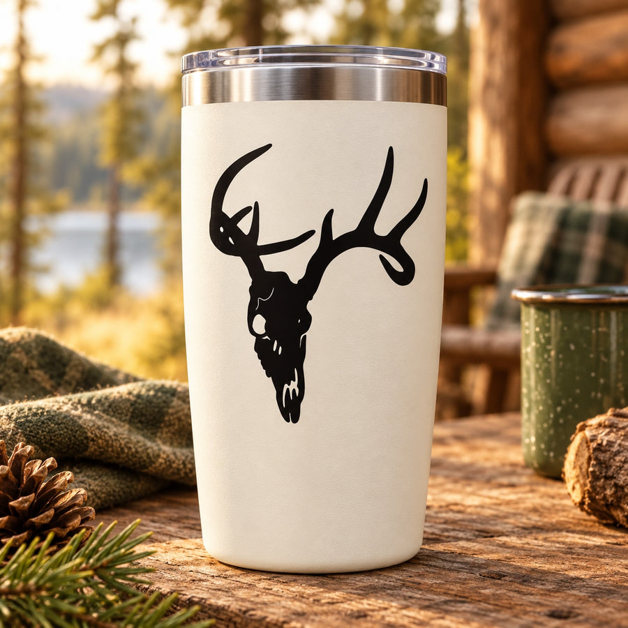 Deer skull decal on white tumbler