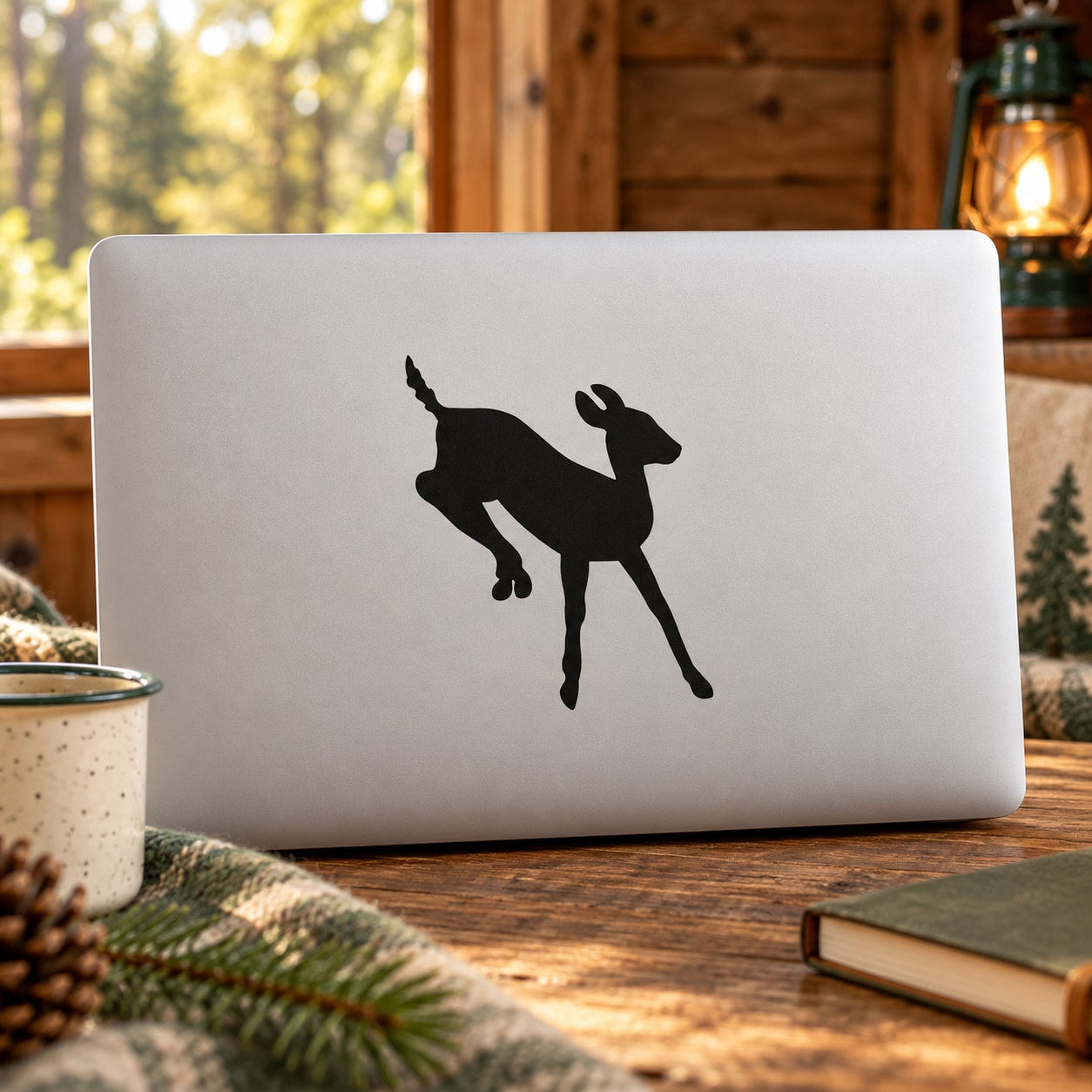 Sprinting deer fawn decal silhouette on light rectangular surface