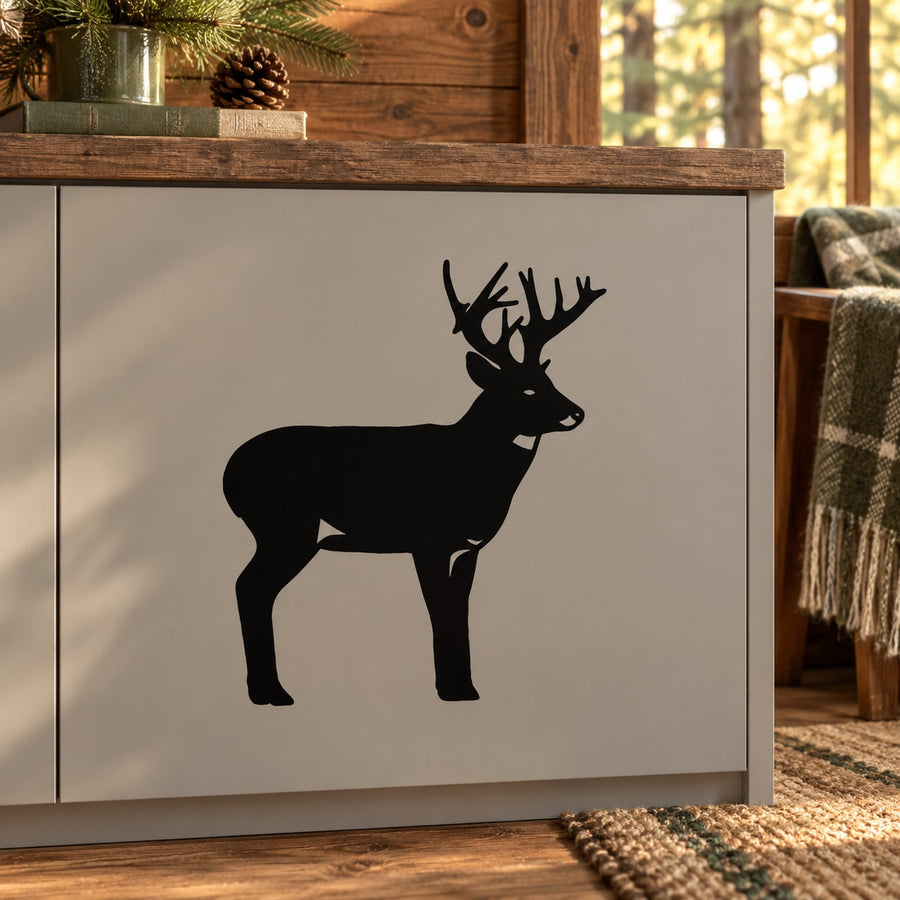 Side-looking stag decal with black deer silhouette on white background