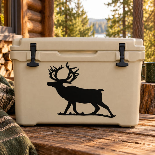 Black stretching stag decal on light beige cooler lid