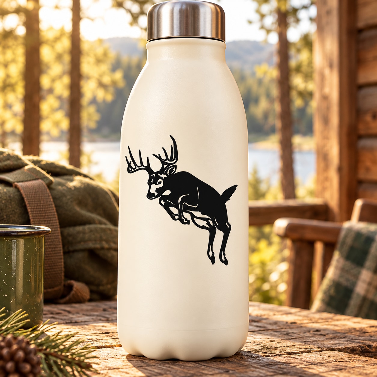 White bottle with black leaping buck decal, metal cap