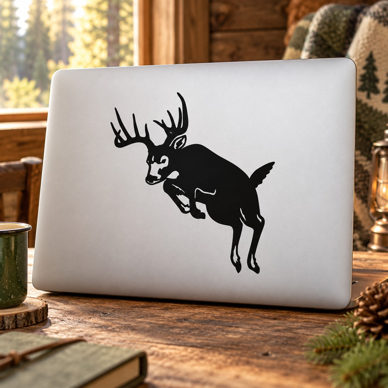 Buck jumping decal with black silhouette on a light background