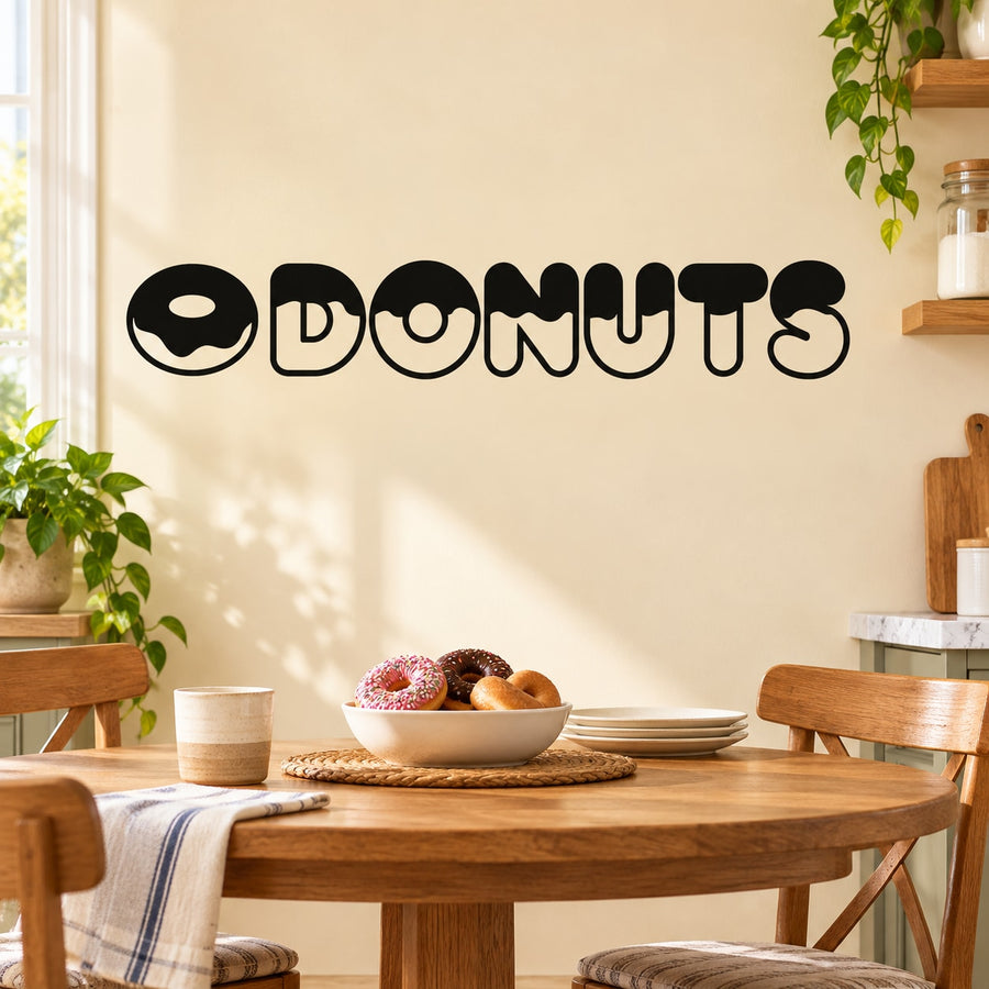 Black donut-themed wall decal spelling DONUTS with donut icons
