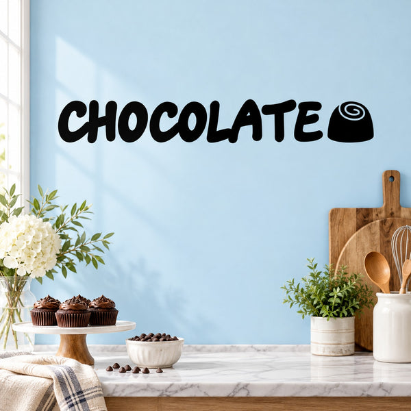 Chocolate wall decal with large CHOCOLATE script and black oval logo