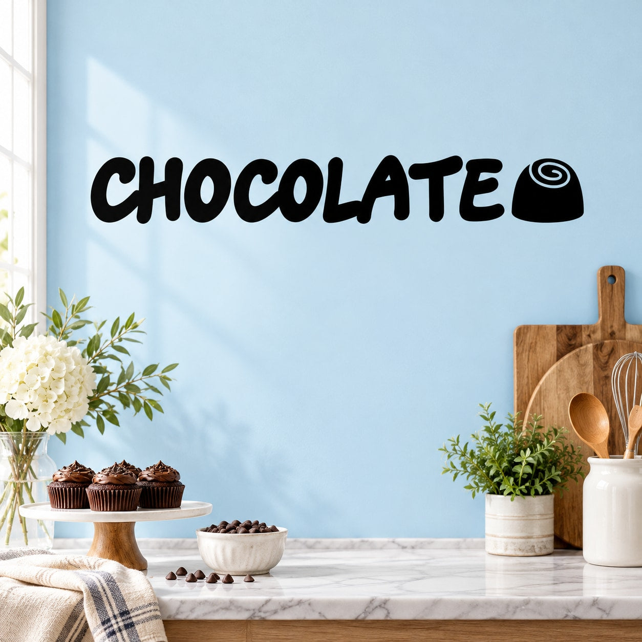 Chocolate wall decal with large CHOCOLATE script and black oval logo