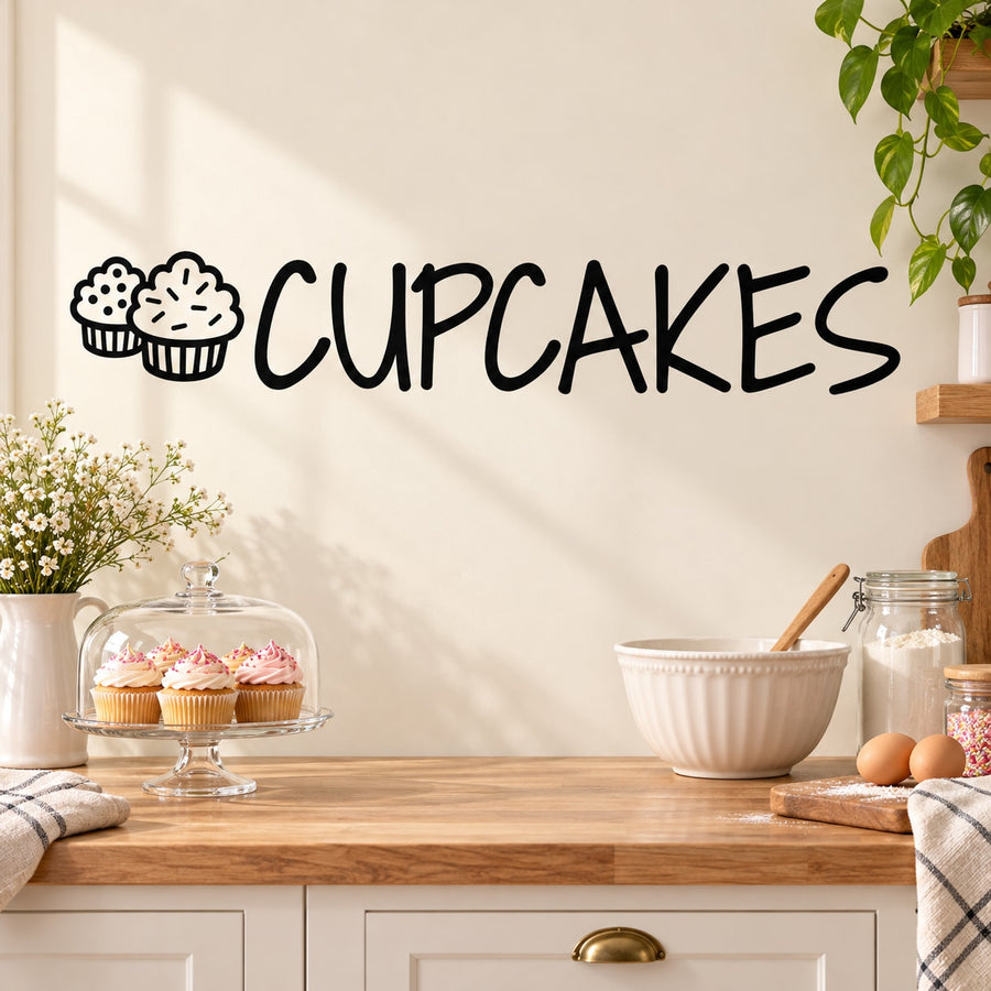 Cupcakes wall decal with cupcake icons and the word “CUPCAKES” in black script