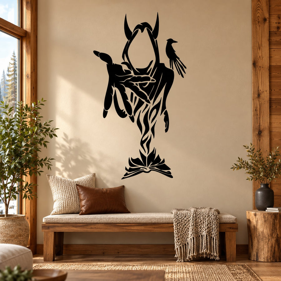 Black reaper figure wall decal with hood and scythe silhouette