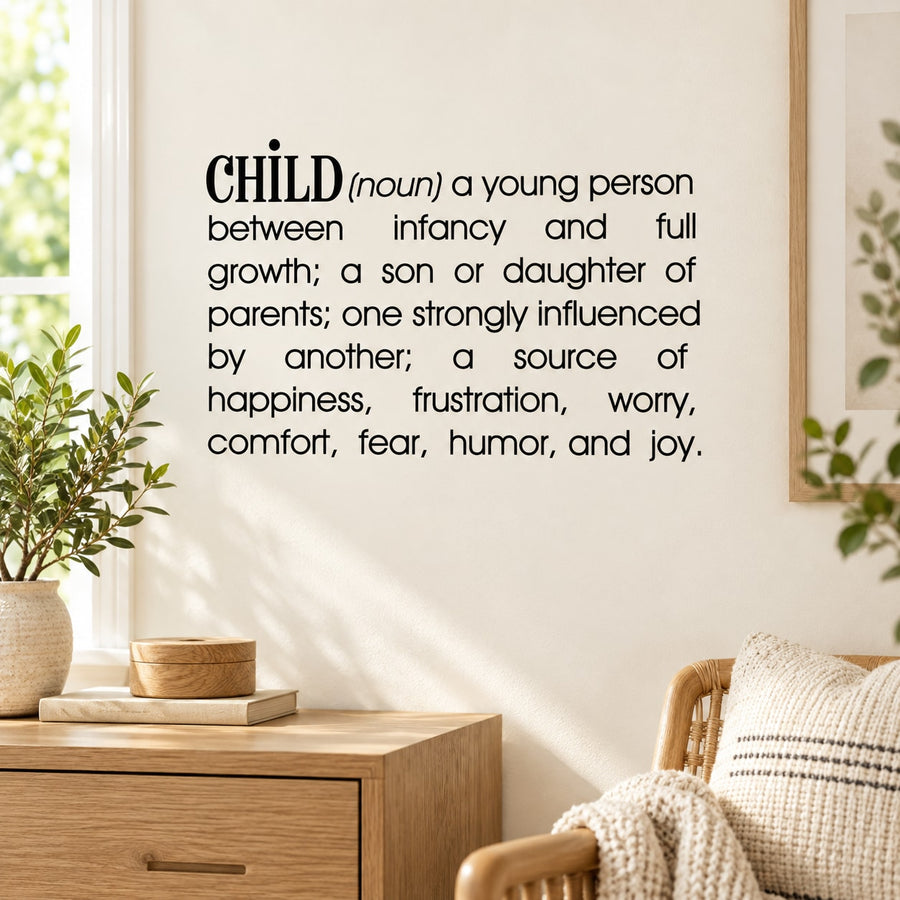 Child wall decal with bold 'CHILD' word and definition typography text
