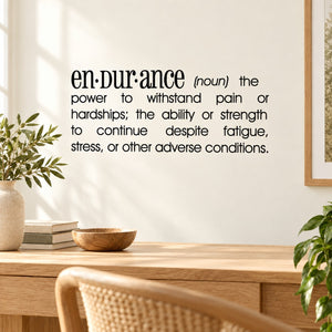 Endurance wall decal with definition text, black typography on light wall