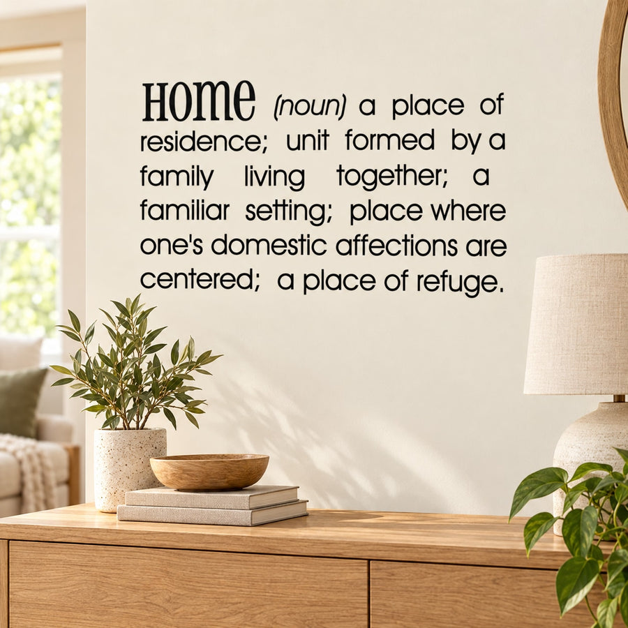 Home wall decal: 'HOME' with noun definition text in black typography