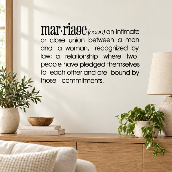 Marriage definition wall decal with large black “marriage” dictionary text