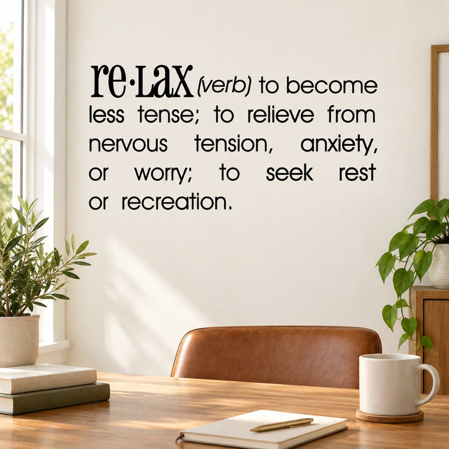 Relax wall decal with large 'relax' script and verb definition quote text