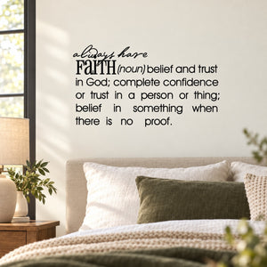 Faith definition wall decal with black script quote lettering