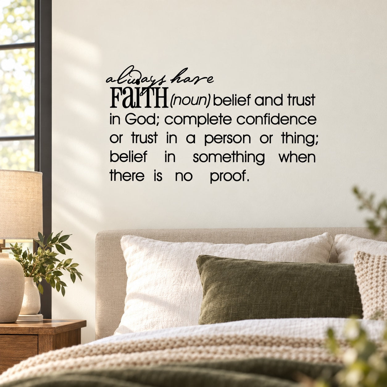 Faith definition wall decal with black script quote lettering