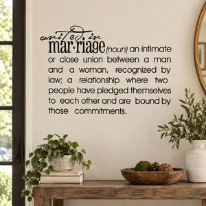Marriage definition wall decal with script word and paragraph-style text, dark ink