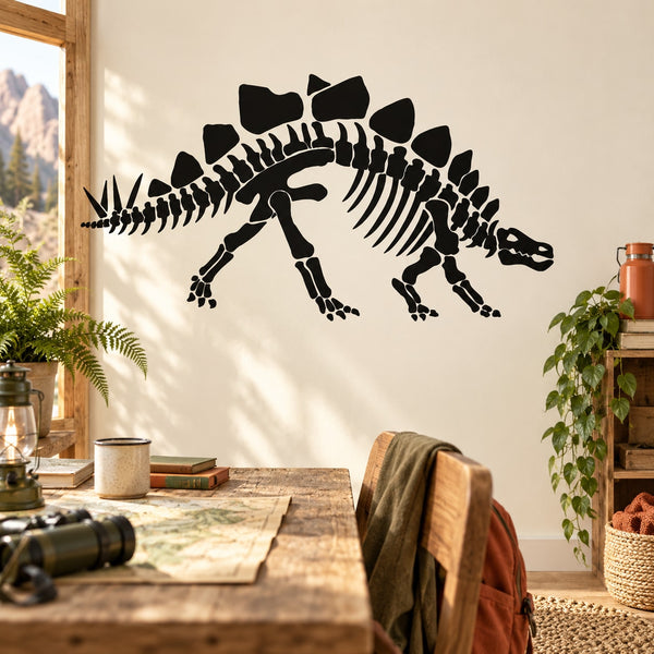 Black stegosaurus skeleton wall decal with tail spikes and back plates