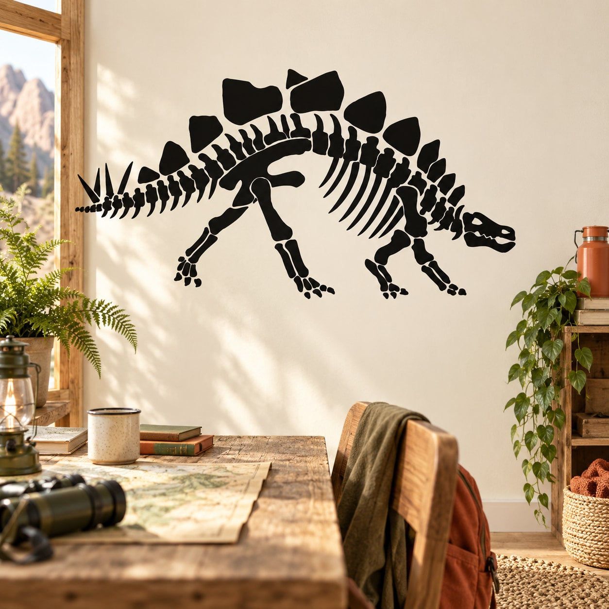 Black stegosaurus skeleton wall decal with tail spikes and back plates