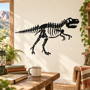 Black T. rex skeleton wall decal with full articulated spine and tail.