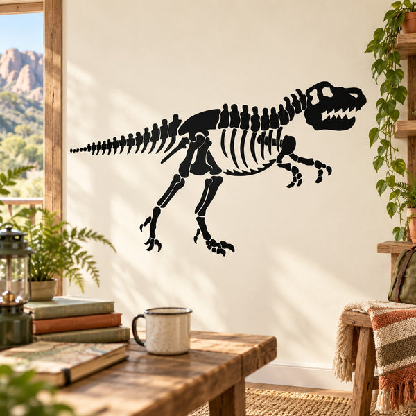 Black T. rex skeleton wall decal with full articulated spine and tail.