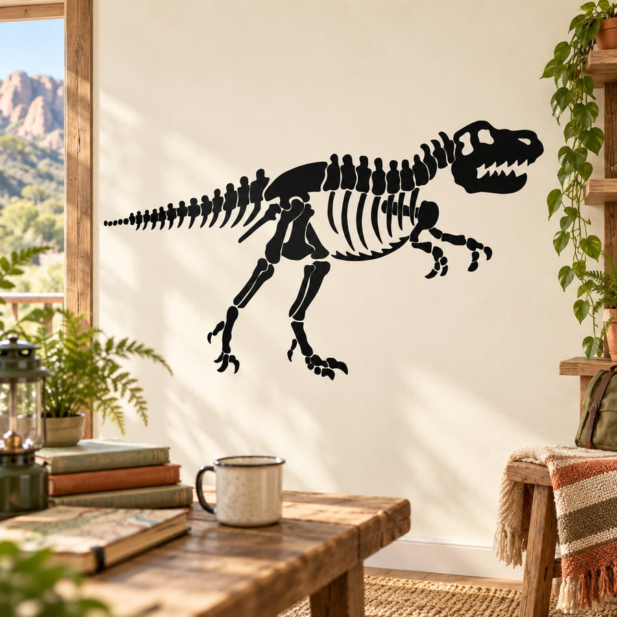 Black T. rex skeleton wall decal with full articulated spine and tail.