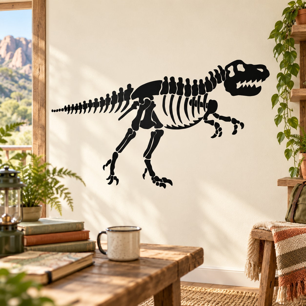Black T. rex skeleton wall decal with full articulated spine and tail.