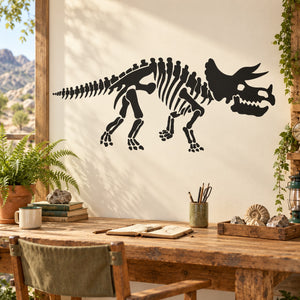 Triceratops skeleton wall decal, black dinosaur outline with horned skull and tail