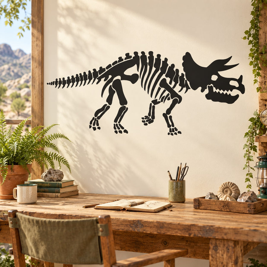 Triceratops skeleton wall decal, black dinosaur outline with horned skull and tail