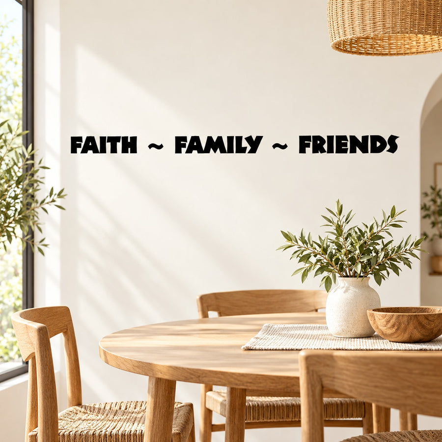 Faith, Family, Friends wall decal text with decorative leaf accents