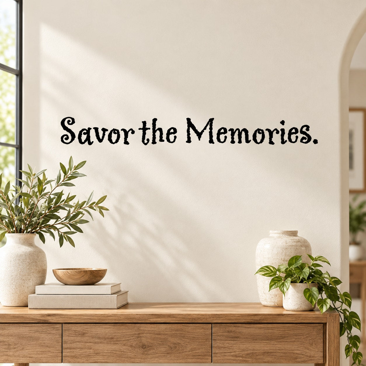 Wall decal with the phrase "Savor the Memories." in black script lettering.