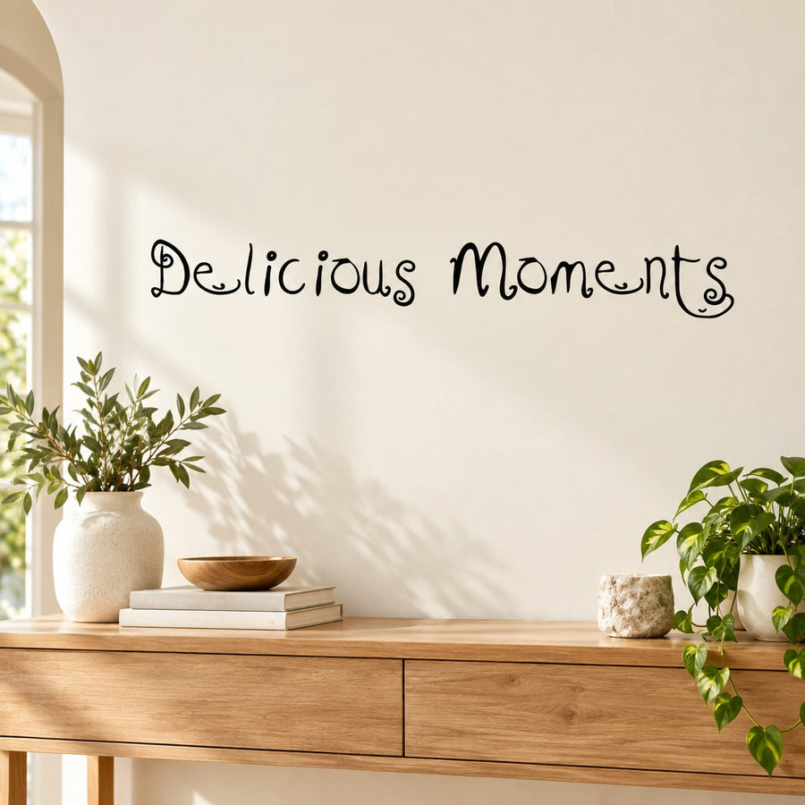 Delicious Moments wall decal with black cursive lettering for home decoration