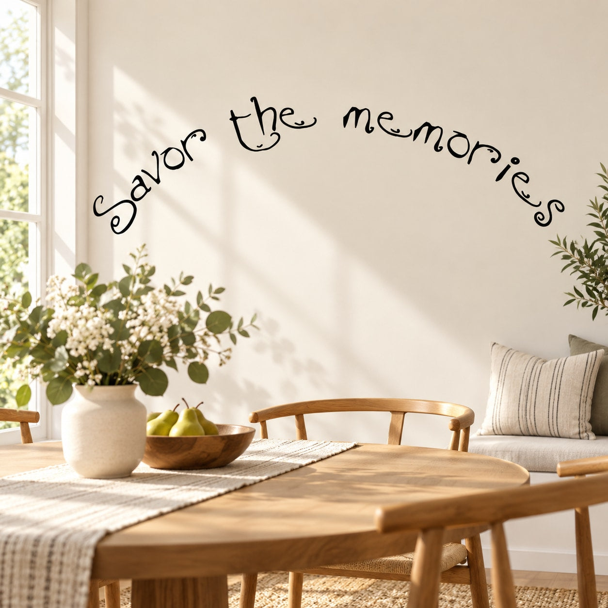 Wall decal reading Savor the memories in black cursive lettering