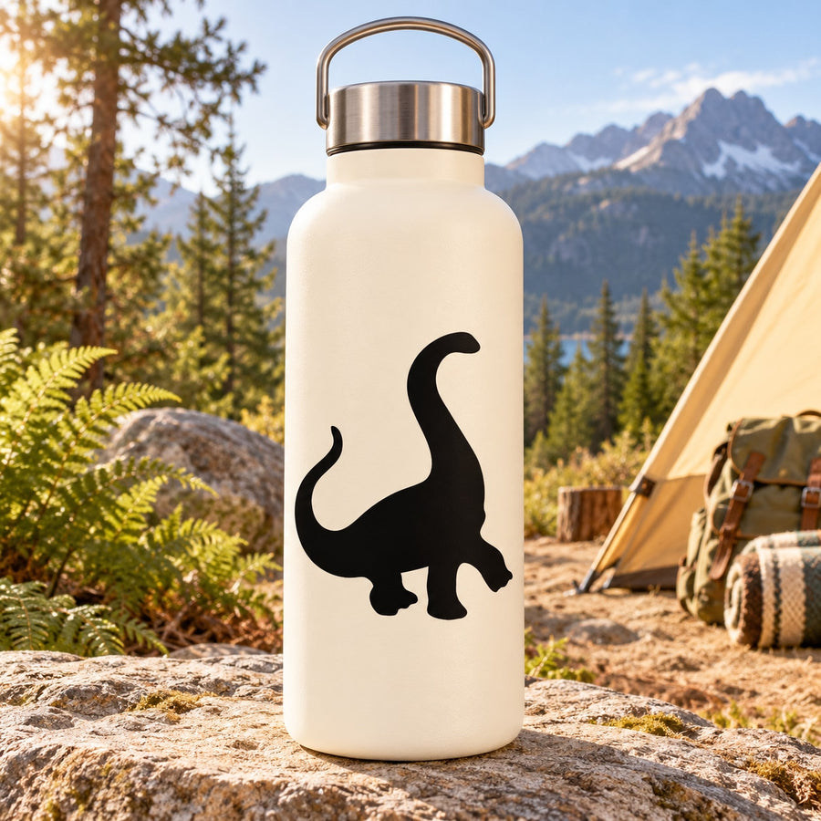 Brontosaurus decal in black on a white water bottle