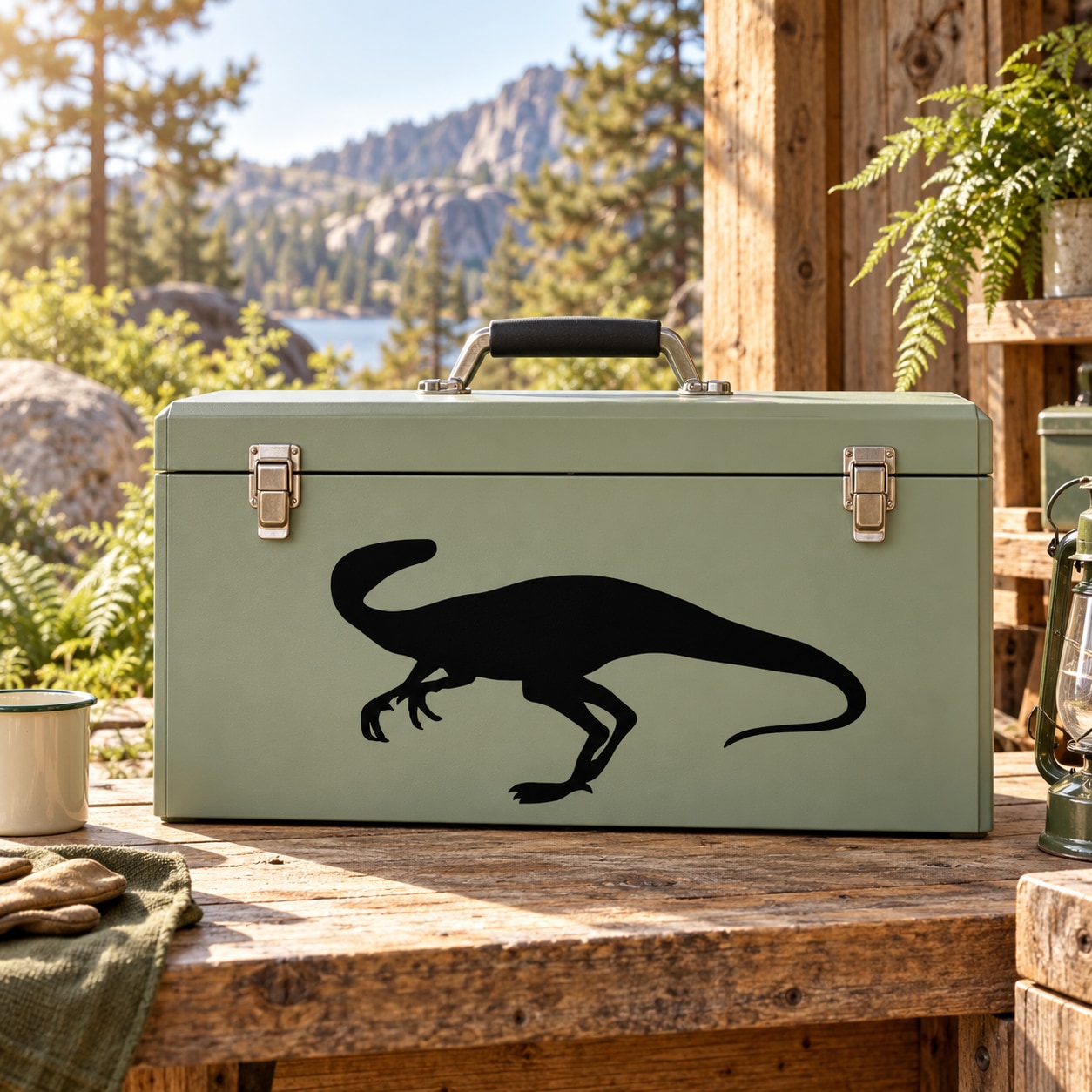 Ornithoraptor decal on rectangular light-green suitcase with black dinosaur silhouette