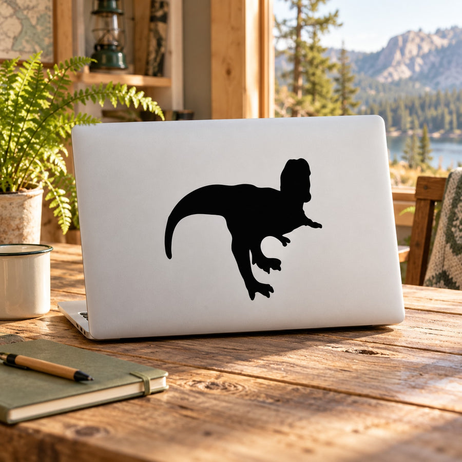 Black T-rex dinosaur silhouette decal on white surface