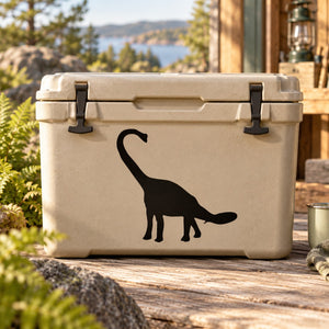 Brachiosaurus decal sticker with dark dinosaur silhouette on a light cooler
