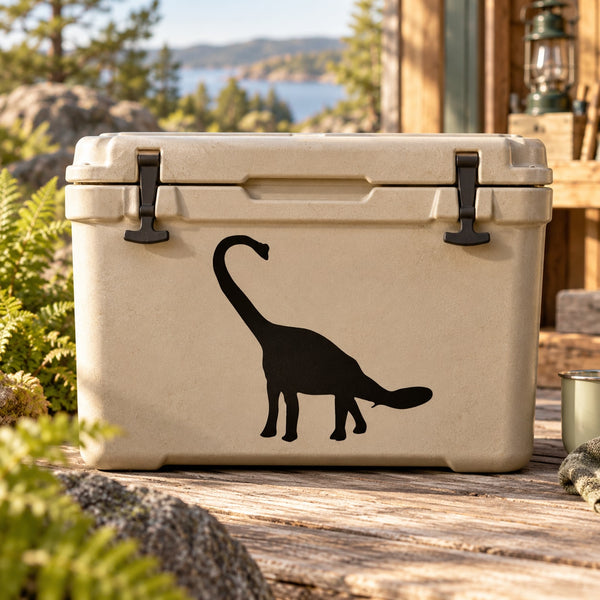 Brachiosaurus decal sticker with dark dinosaur silhouette on a light cooler