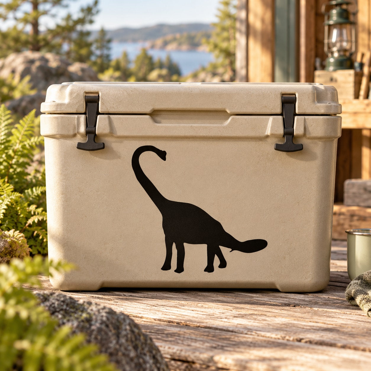 Brachiosaurus decal sticker with dark dinosaur silhouette on a light cooler