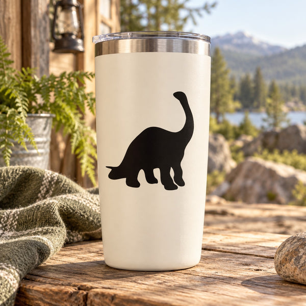Brontosaurus dinosaur vinyl decal silhouette on a white tumbler