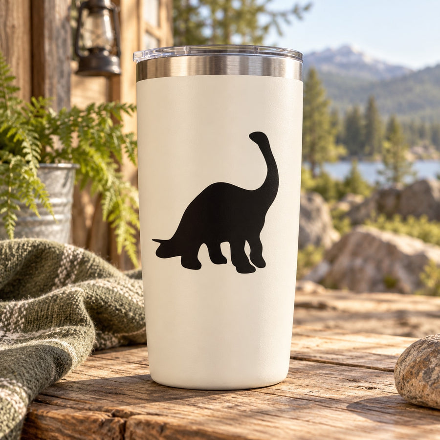 Brontosaurus dinosaur vinyl decal silhouette on a white tumbler